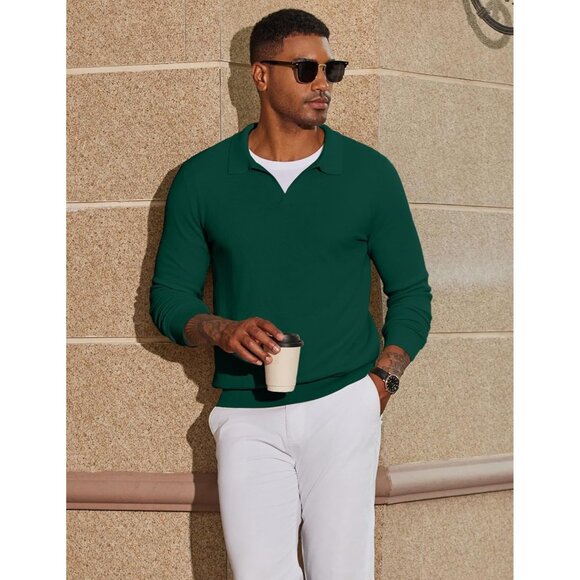 Men's Knit Polo Long Sleeve V-Neck Pullover Sweaters Collared Knitted Dark Green - Picture 3 of 6